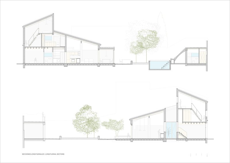 Longitudinal section drawings depicting varied roof angles and exterior pool with adjacent trees
