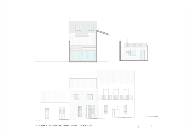 Street and patio elevation drawings showing window arrangements and door openings across multiple facades