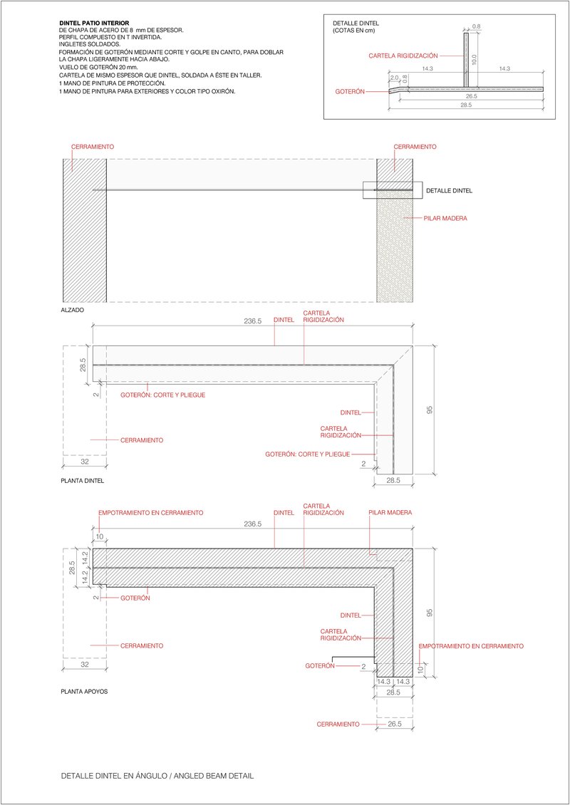 Detail drawings of angled beam connection showing lintel assembly in plan and section views