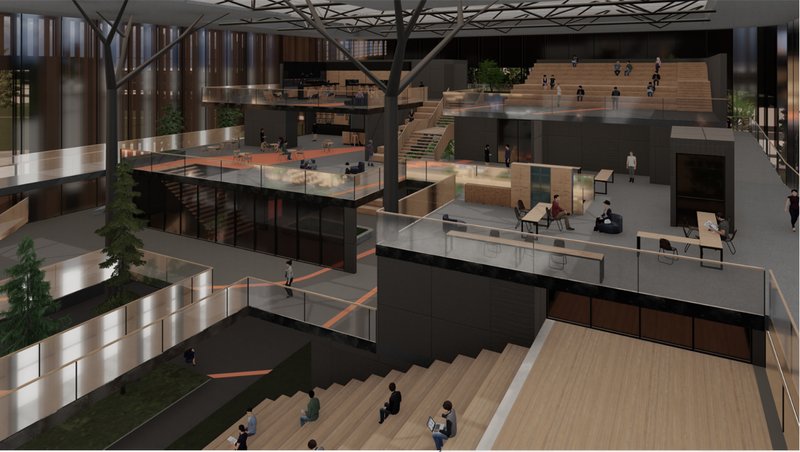 Flexible learning zones create visual connectivity between students, nature, and collaborative educational experiences.