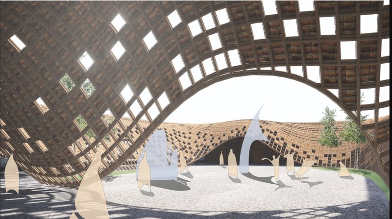 Central courtyard defined by porous roof openings and fluid spatial transitions