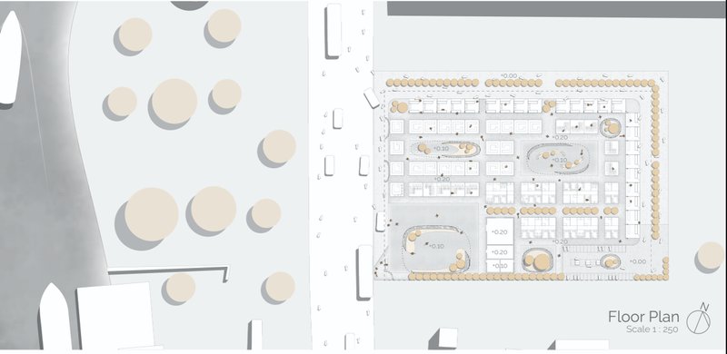 Integrated master plan organizing circulation, market modules, and public spaces around mobility-driven design