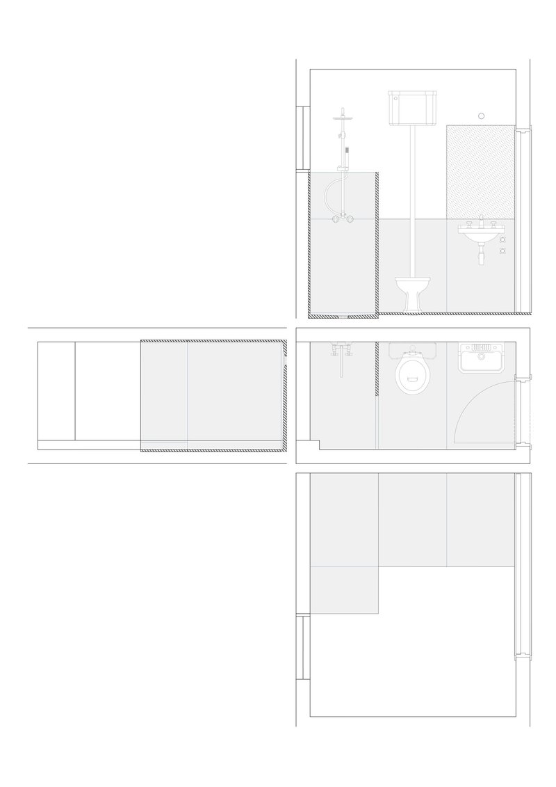 Section drawings showing bathroom layouts with fixtures and vertical circulation through multiple levels