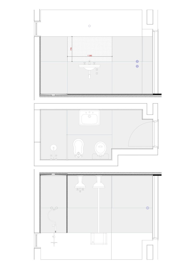 Enlarged plan and section drawings detailing bathroom and kitchen arrangements with dimensional annotations