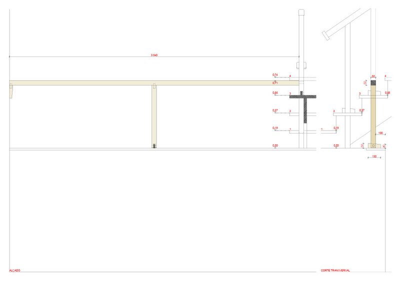 Section drawing showing ceiling structure with timber beams and detailed wall assembly connections