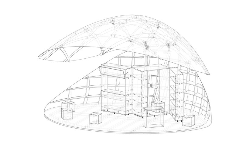 Exploded axonometric drawing showing the domed roof structure lifted above the interior volumes and furniture layout