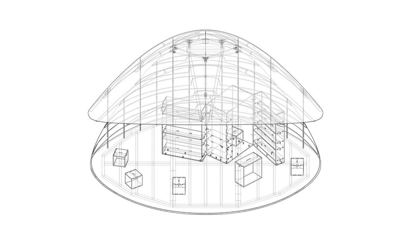 Axonometric drawing depicting the gridded dome enclosing central volumes and perimeter furniture pieces
