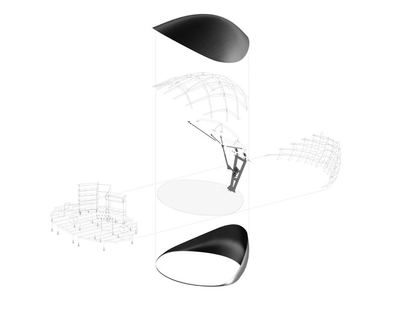 Exploded axonometric drawing with separated curved shell elements, figure on swing, and spatial volumes