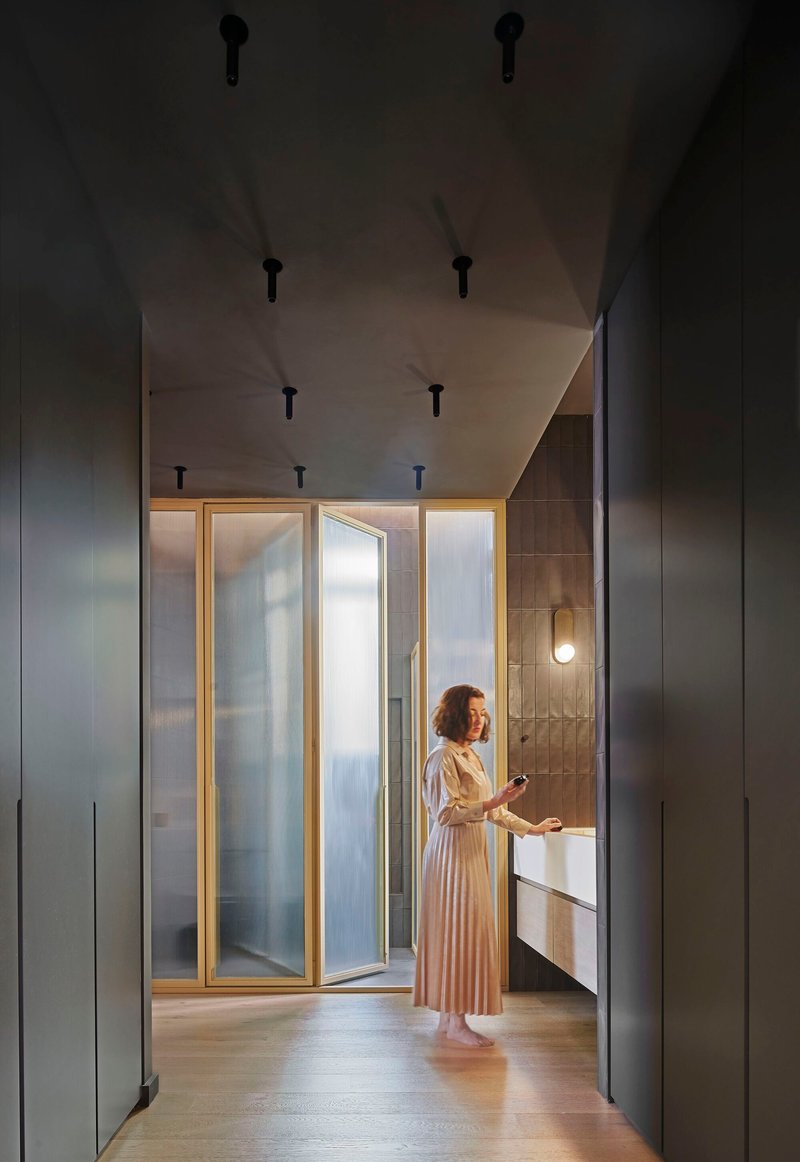 Interior hallway with pale plywood ceiling, dark grey storage walls and folding glass partition with brass frames