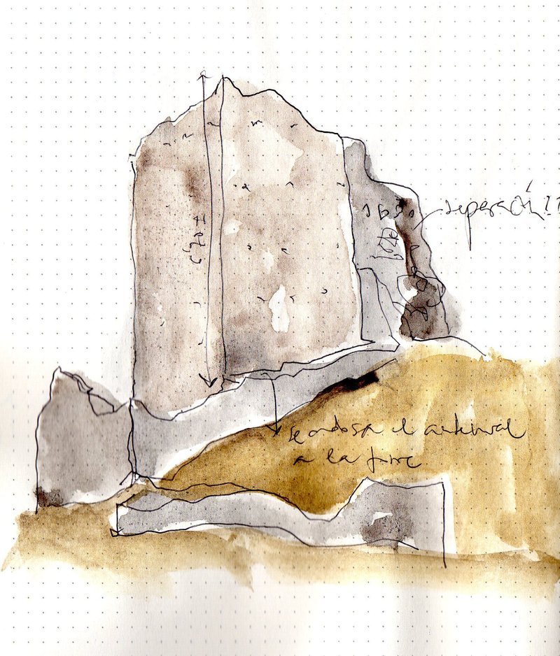 Watercolor sketch showing a weathered tower fragment with handwritten notes and dimensional arrows