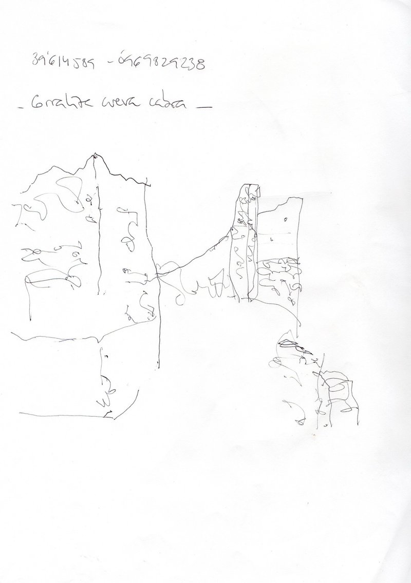 Line drawing sketch capturing two deteriorated tower volumes connected by a low masonry wall