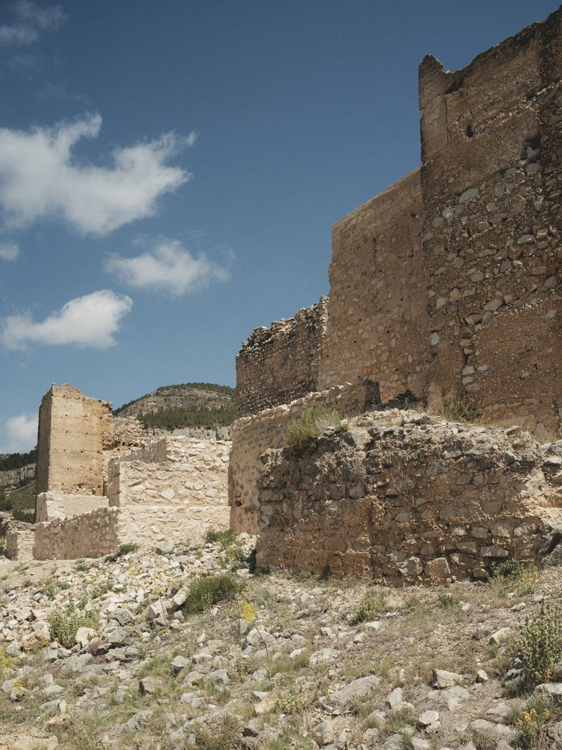 Fragmented stone walls and towers cascading down hillside with wild grasses in foreground