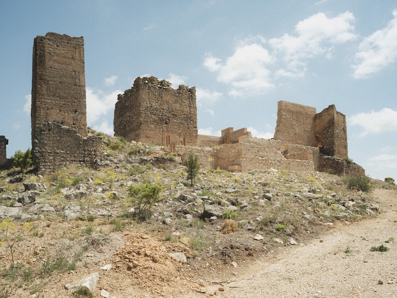 Hillside view of multiple stone towers and fortification walls scattered across an arid landscape