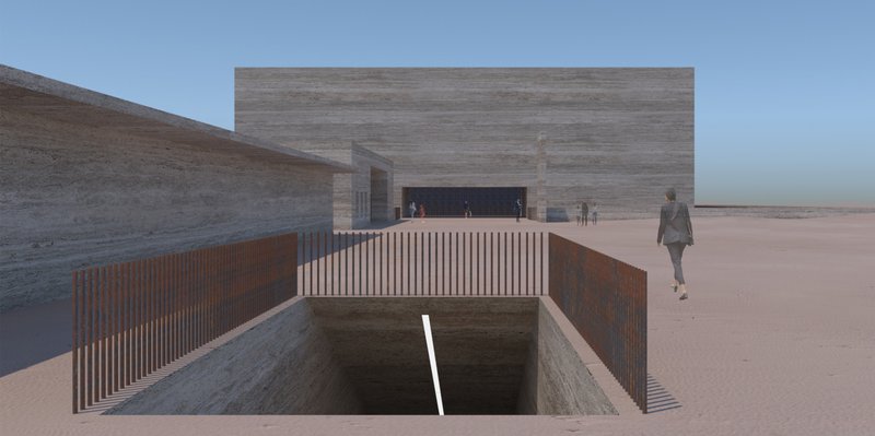 Monumental desert volumes framing the entrance to the Climate Time Machine