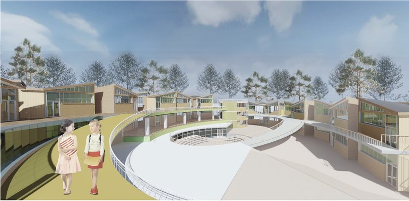Curved pathways and elevated walkways redefine circulation within the campus, transforming movement into an active learning experience.