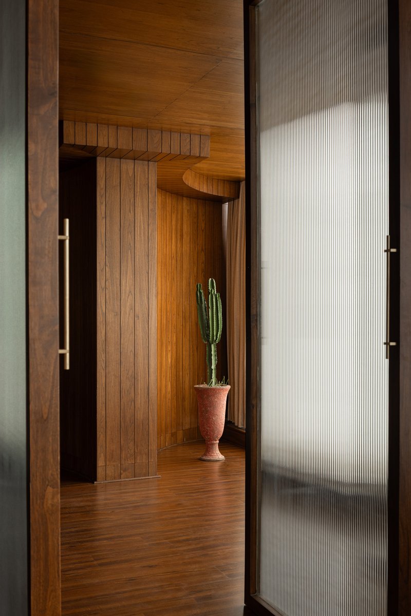 View through wooden doorway with fluted glass panel into hallway with cactus in terracotta planter