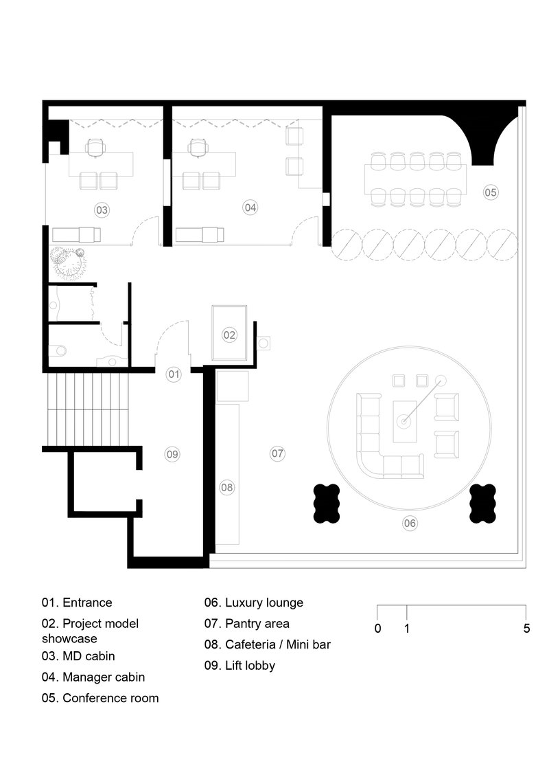 Floor plan drawing showing entrance lobby, work cabins, conference room, and circular luxury lounge