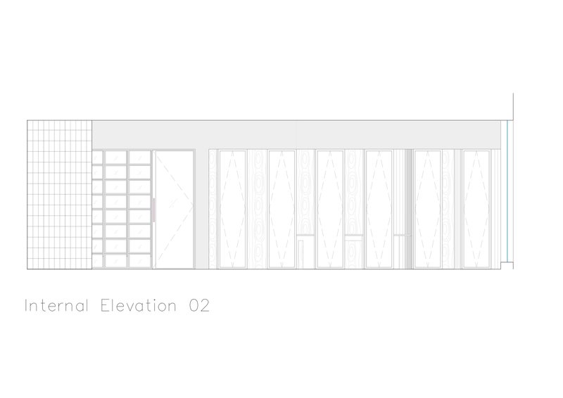 Internal elevation drawing depicting vertical wood slat wall with tiled surface at left edge