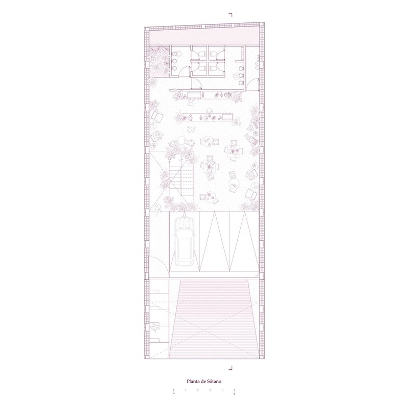 Floor plan drawing depicting a terraced layout with planted courtyard, parking bay, and enclosed service area