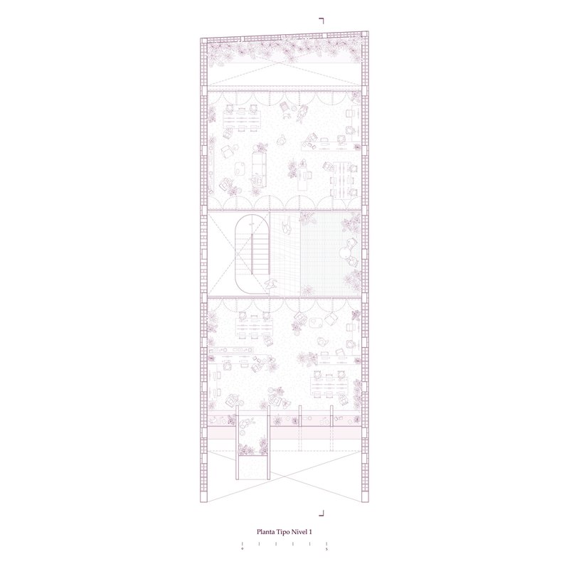 Floor plan drawing showing multiple levels with furnished rooms, a central oval staircase, and rooftop terrace