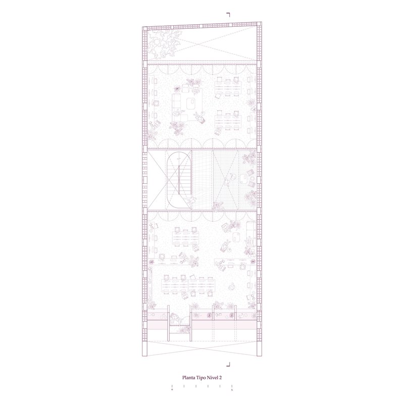 Floor plan drawing depicting stacked levels with work areas, an oval staircase, and rooftop garden space