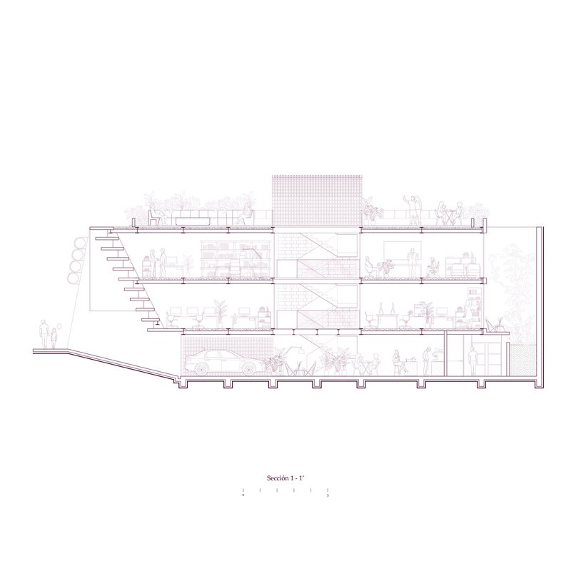 Section drawing showing four interior levels with figures, planted terraces, and diagonal structural bracing