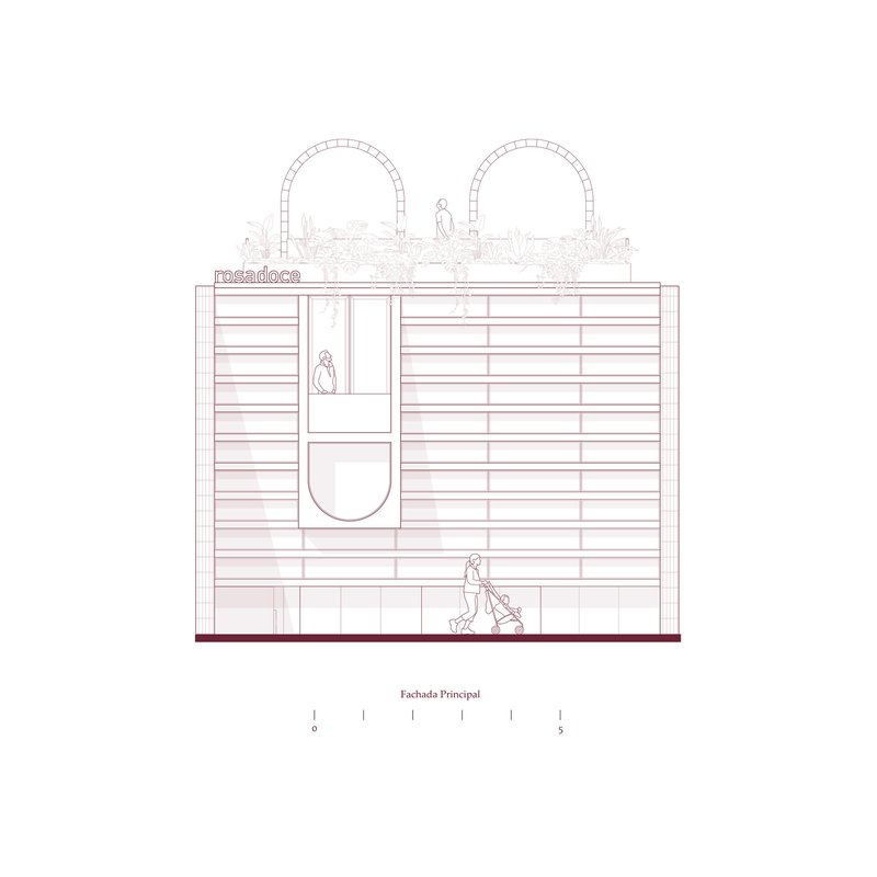 Elevation drawing showing a facade with horizontal banding, two arched vaults, and rooftop plantings