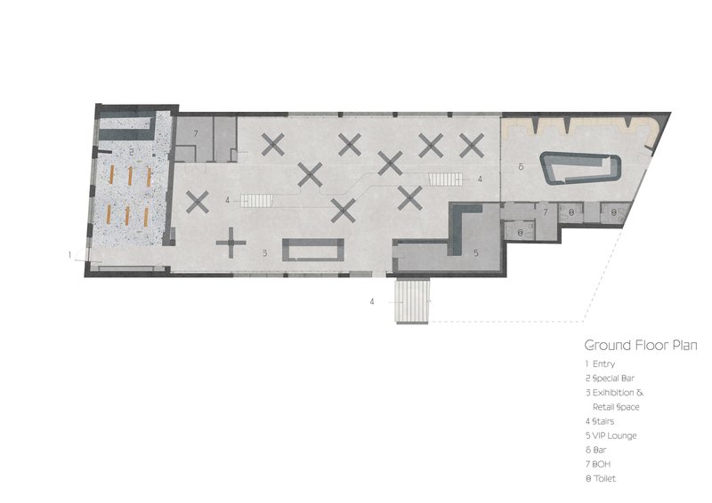 Ground floor plan showing exhibition space with stairs and service areas in an angular footprint