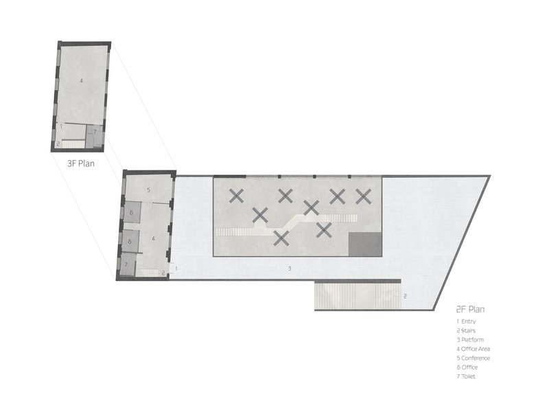 Second and third floor plans depicting office areas and an upper mezzanine volume
