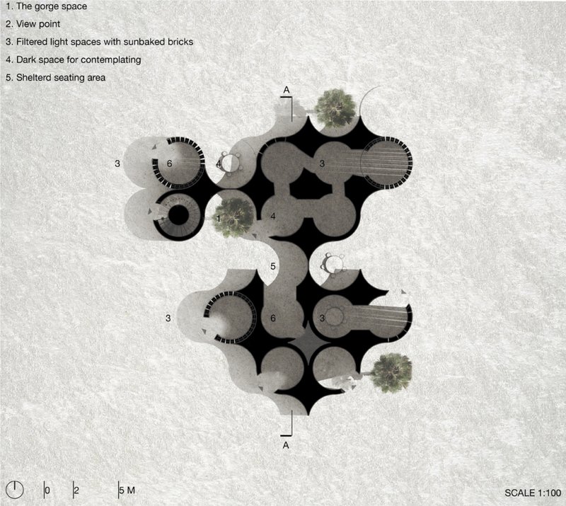 Plan diagram mapping spatial sequence from contemplative cores to communal gathering zones within the modular system