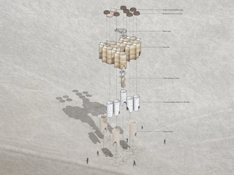 Exploded axonometric illustrating the layered system of rammed earth, recycled plastic cores, and modular cylindrical construction