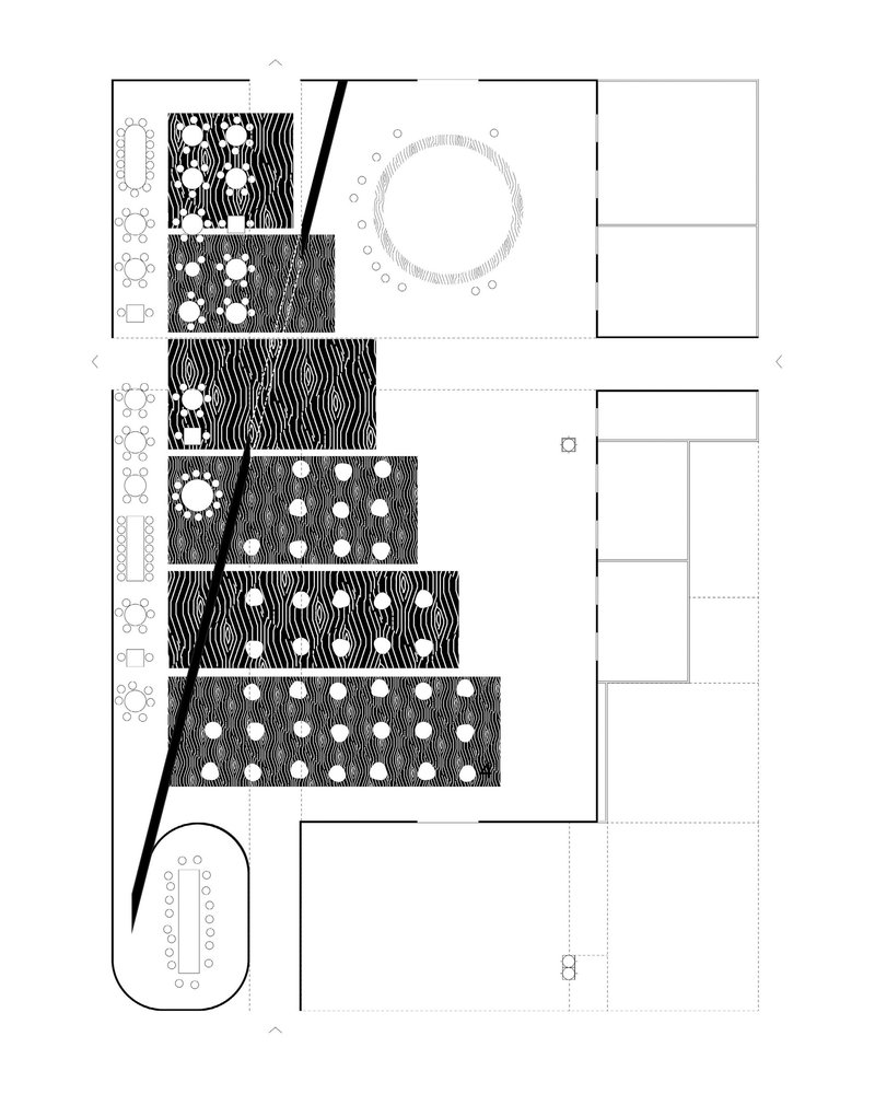 Floor plan drawing showing stepped volumes with patterned zones radiating from a central circular space