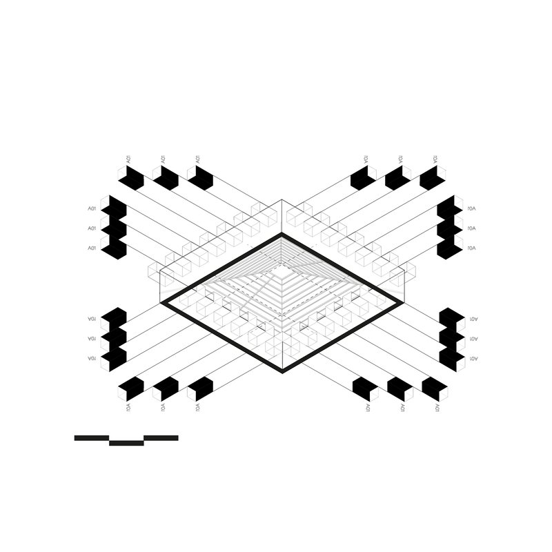 Axonometric drawing showing a central courtyard surrounded by extruded volumes with labeled circulation paths radiating outward
