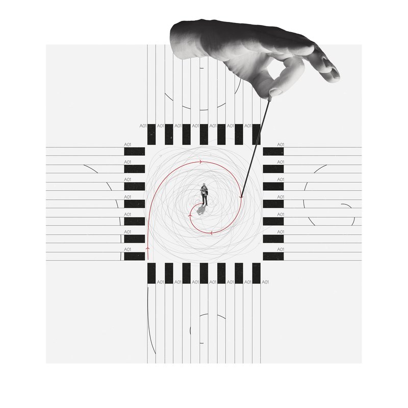 Diagrammatic plan drawing with a figure standing in a spiral central courtyard beneath a hovering hand