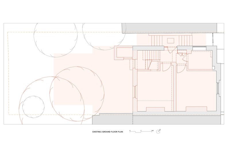 Ground floor plan drawing showing existing layout with garden, staircase, bedroom and bathroom zones
