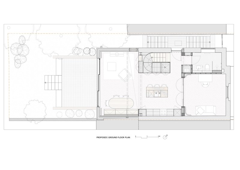 Ground floor plan drawing showing proposed open-plan layout with kitchen, dining area and outdoor terrace