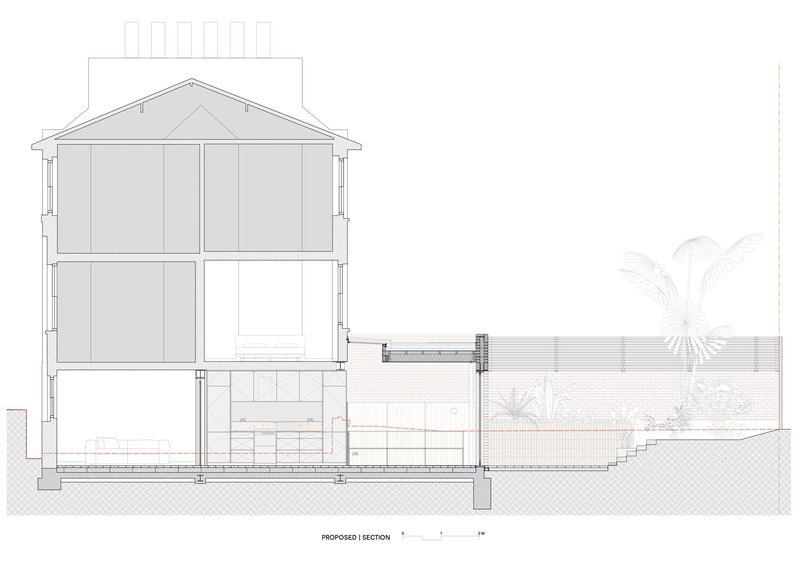 Section drawing showing a three-storey gabled house connected to a lower single-storey volume with planted landscaping