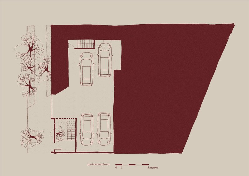 Ground floor plan drawing showing two-bay parking garage with stairs and surrounding tree canopies
