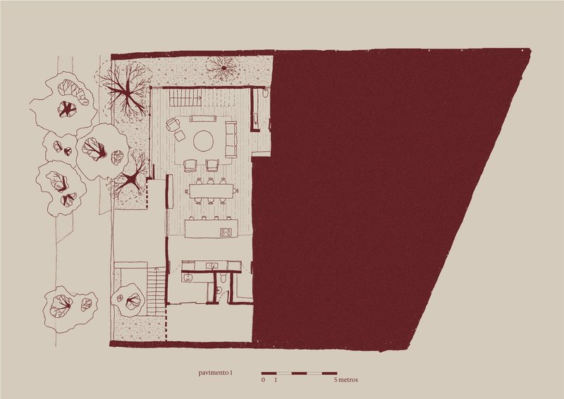 First floor plan drawing showing open living and dining areas with adjacent landscaped terraces