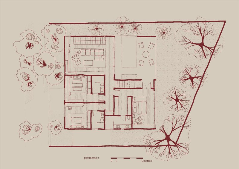 Second floor plan drawing showing bedrooms and roof terrace surrounded by tree canopies