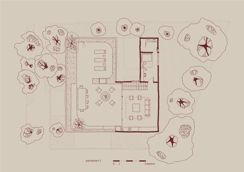 Third floor plan drawing showing covered terrace and pool deck framed by mature trees