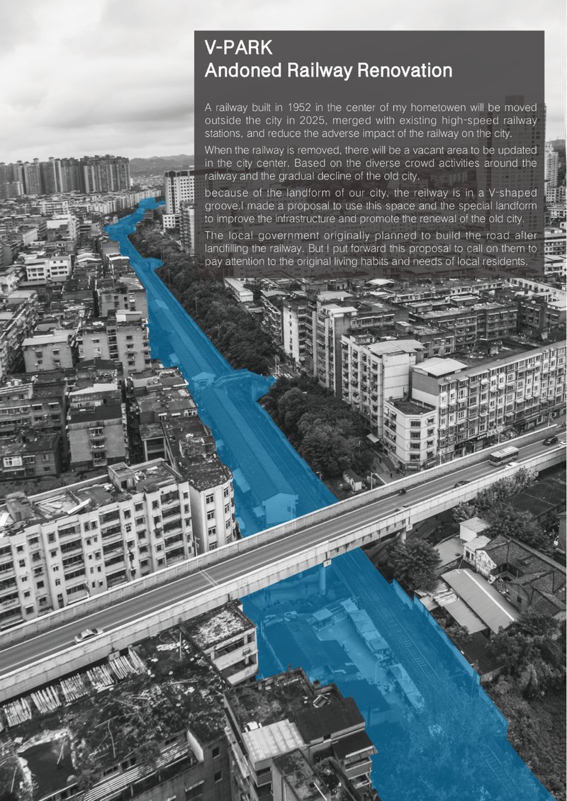 Aerial transformation of abandoned railway corridor into a continuous urban public spine
