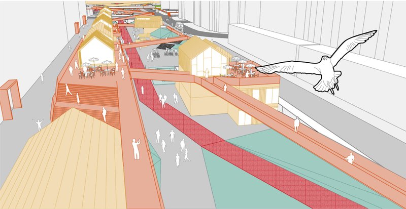 Elevated pedestrian and cycling pathways activating mixed-use public spaces