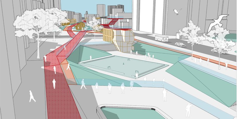 Recreational landscape integrating sports, water features, and social gathering zones