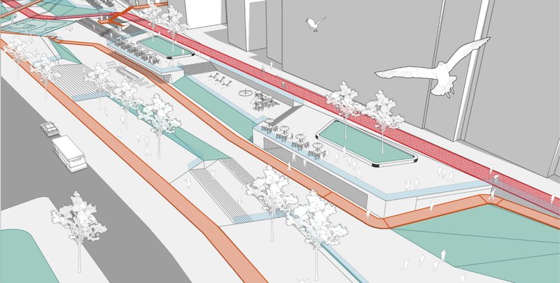 Multi-level public realm combining mobility, leisure, and commercial activity along the reused railway