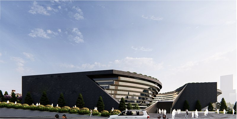 Sculpted volumes define a fluid institutional form, merging solidity with transparency at the urban edge.