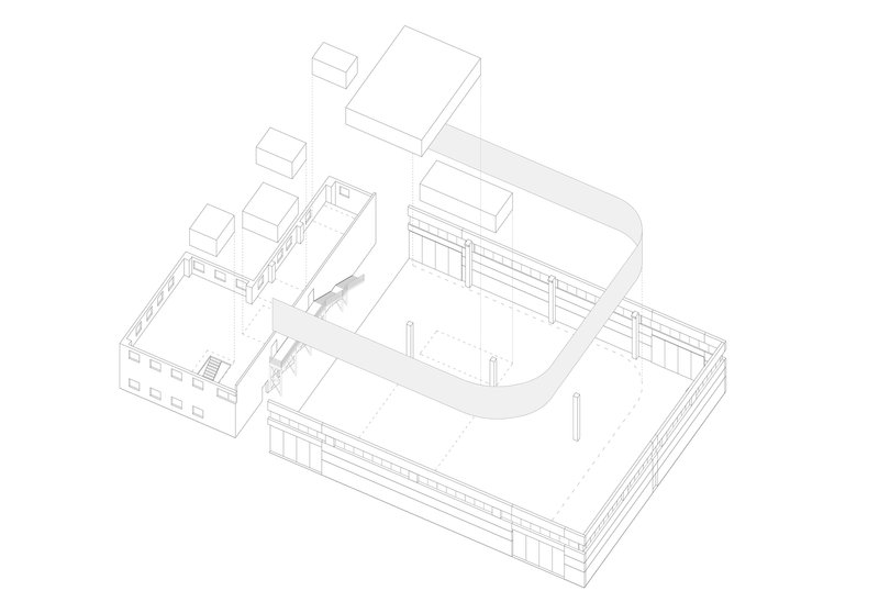 Axonometric drawing showing interconnected volumes with curved central space and surrounding rectilinear blocks