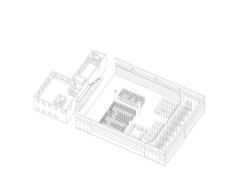 Axonometric drawing revealing interior layout with grid of seating and rows of columns in curved hall