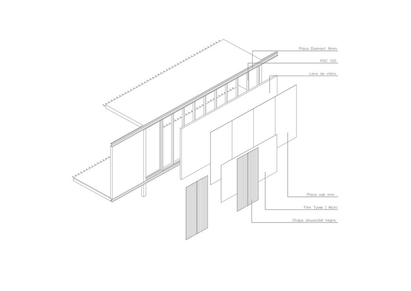 Isometric detail drawing of wall assembly with labeled cladding panels and structural frame components