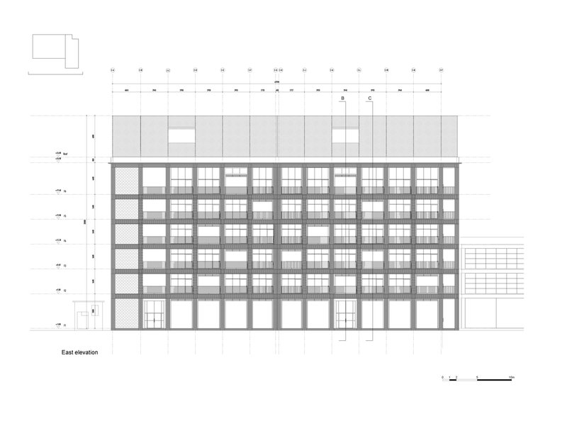 East elevation drawing showing a multi-storey gridded facade with rhythmic window openings and rooftop volumes